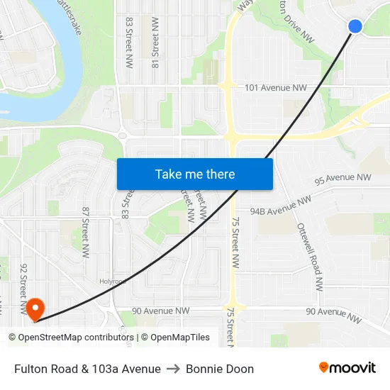 Fulton Road & 103a Avenue to Bonnie Doon map