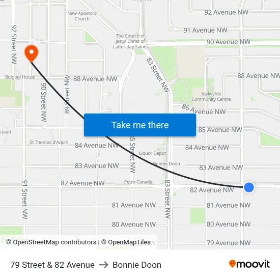 79 Street & 82 Avenue to Bonnie Doon map