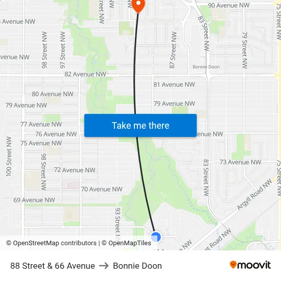 88 Street & 66 Avenue to Bonnie Doon map