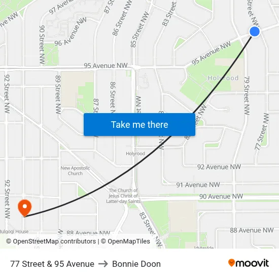 77 Street & 95 Avenue to Bonnie Doon map