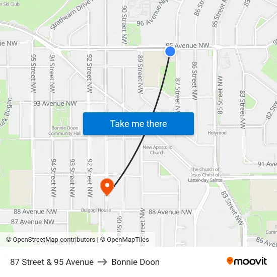 87 Street & 95 Avenue to Bonnie Doon map
