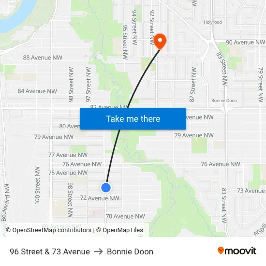 96 Street & 73 Avenue to Bonnie Doon map