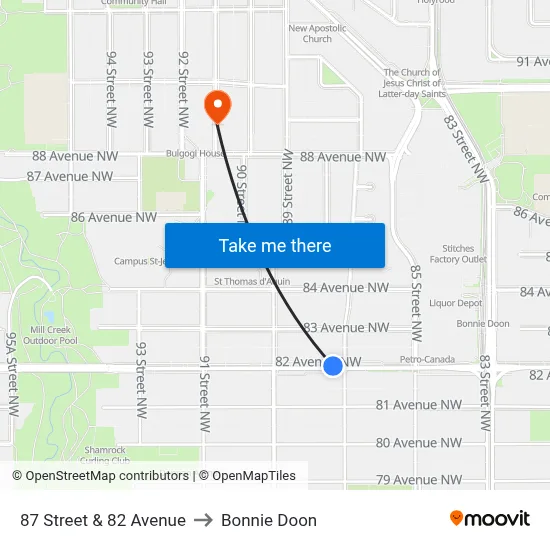 87 Street & 82 Avenue to Bonnie Doon map