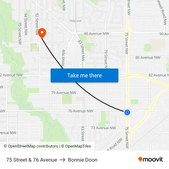 75 Street & 76 Avenue to Bonnie Doon map