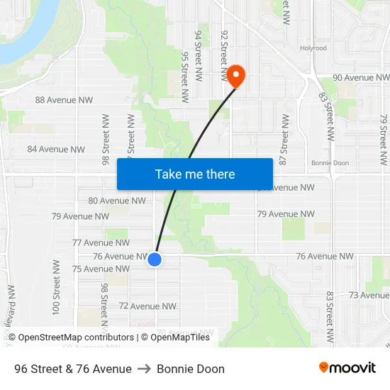 96 Street & 76 Avenue to Bonnie Doon map