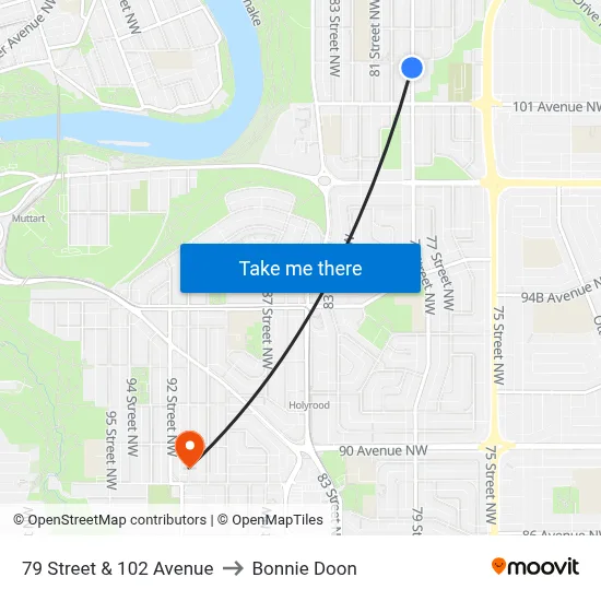 79 Street & 102 Avenue to Bonnie Doon map