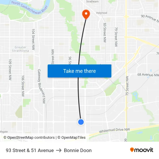 93 Street & 51 Avenue to Bonnie Doon map