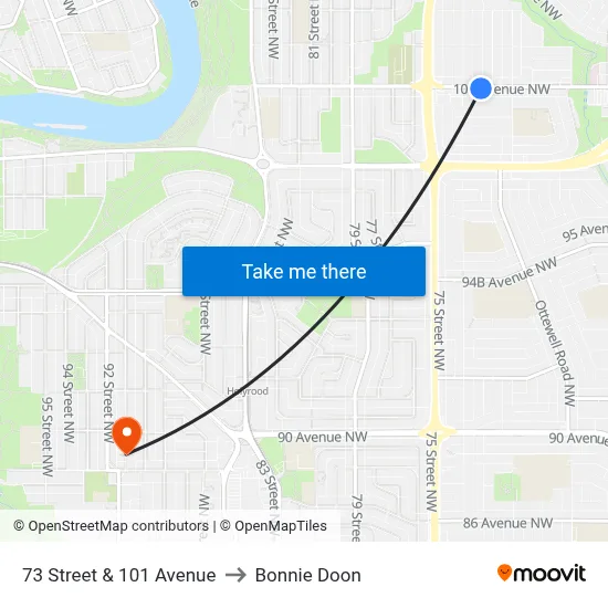 73 Street & 101 Avenue to Bonnie Doon map