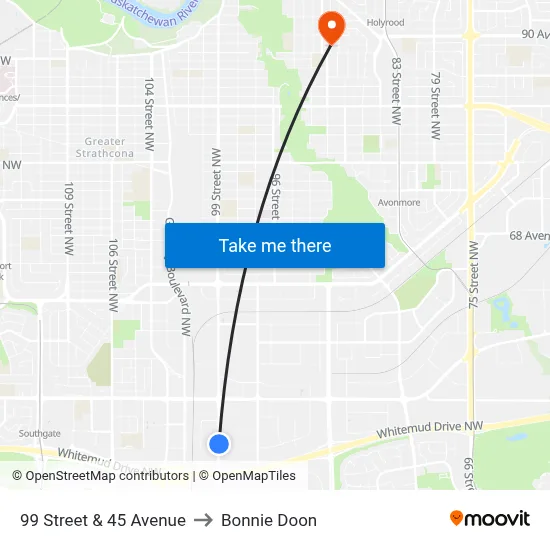 99 Street & 45 Avenue to Bonnie Doon map