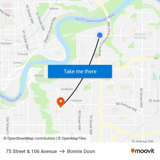 75 Street & 106 Avenue to Bonnie Doon map