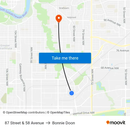 87 Street & 58 Avenue to Bonnie Doon map