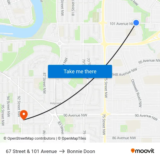 67 Street & 101 Avenue to Bonnie Doon map