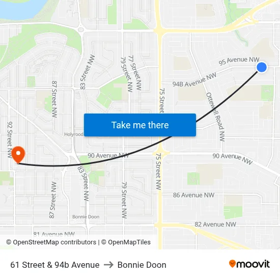 61 Street & 94b Avenue to Bonnie Doon map
