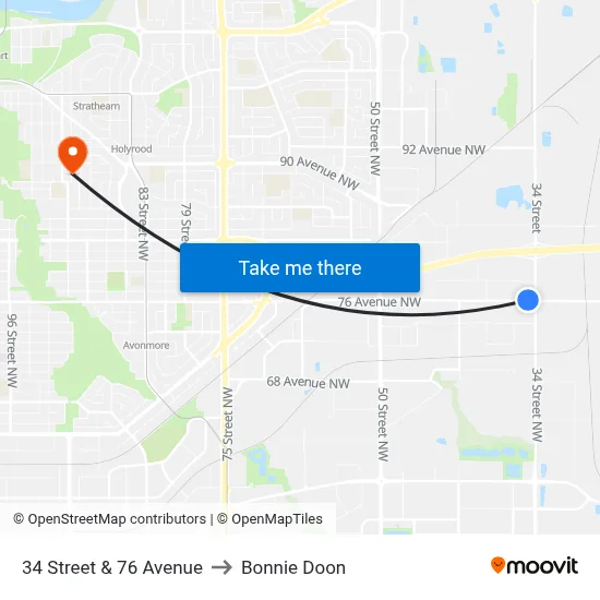 34 Street & 76 Avenue to Bonnie Doon map