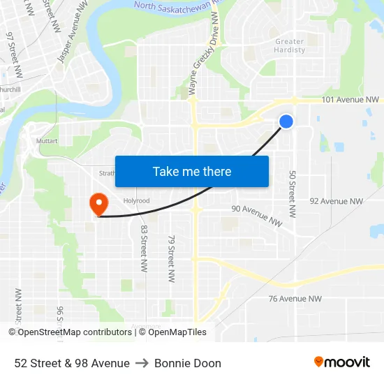 52 Street & 98 Avenue to Bonnie Doon map