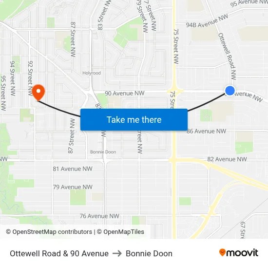 Ottewell Road & 90 Avenue to Bonnie Doon map