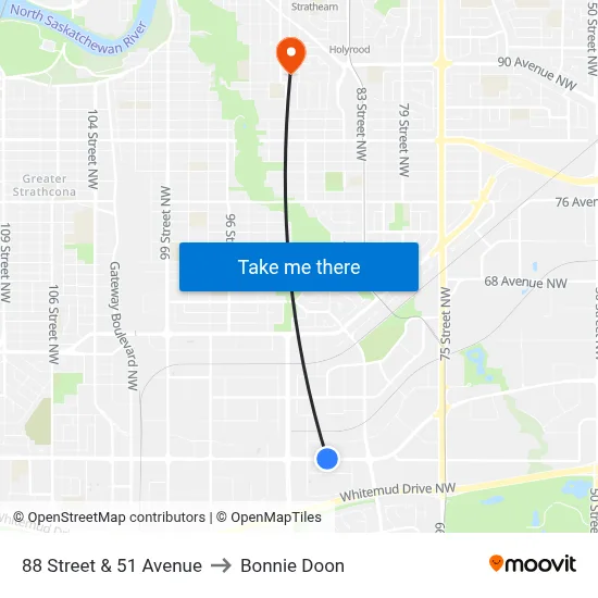 88 Street & 51 Avenue to Bonnie Doon map