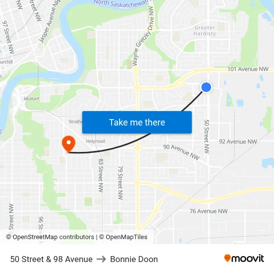 50 Street & 98 Avenue to Bonnie Doon map