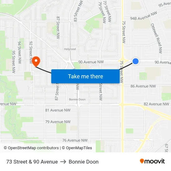 73 Street & 90 Avenue to Bonnie Doon map