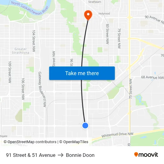 91 Street & 51 Avenue to Bonnie Doon map