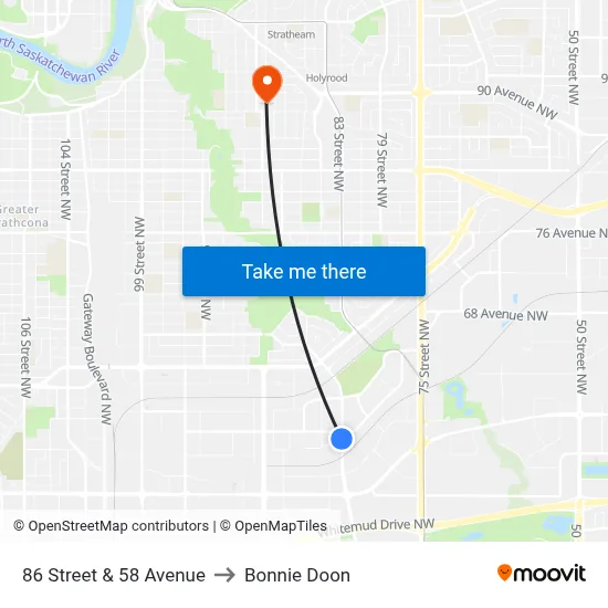 86 Street & 58 Avenue to Bonnie Doon map