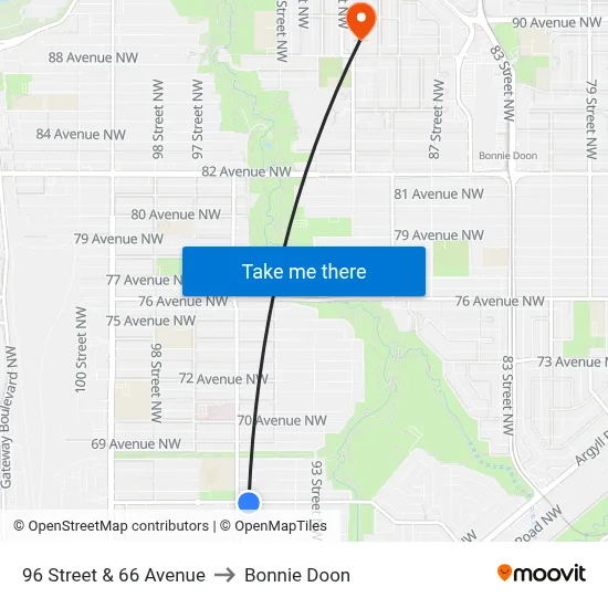 96 Street & 66 Avenue to Bonnie Doon map