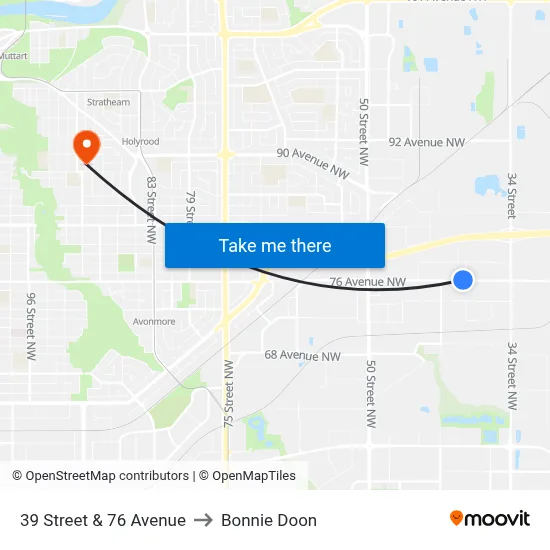 39 Street & 76 Avenue to Bonnie Doon map