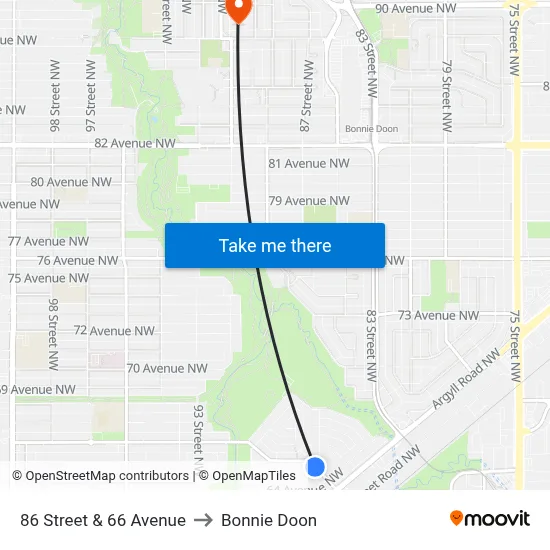 86 Street & 66 Avenue to Bonnie Doon map