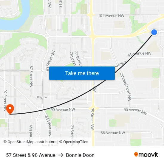 57 Street & 98 Avenue to Bonnie Doon map