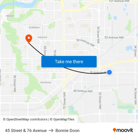 45 Street & 76 Avenue to Bonnie Doon map