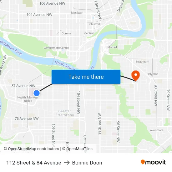 112 Street & 84 Avenue to Bonnie Doon map