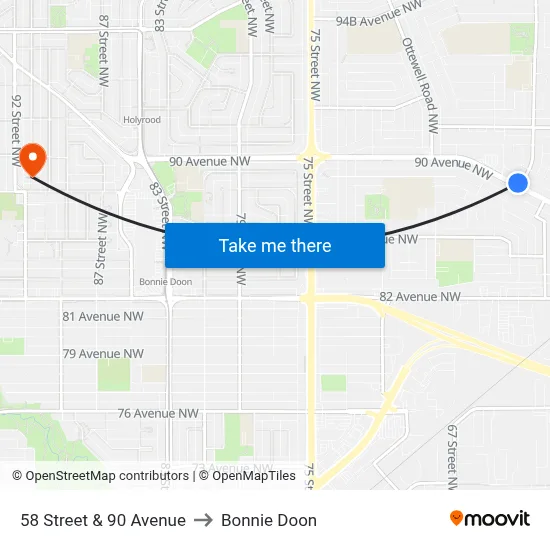 58 Street & 90 Avenue to Bonnie Doon map