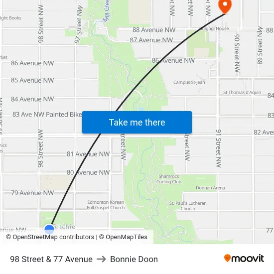 98 Street & 77 Avenue to Bonnie Doon map
