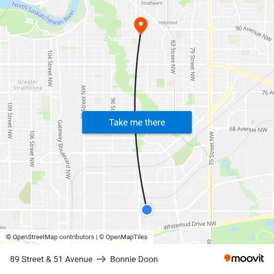 89 Street & 51 Avenue to Bonnie Doon map