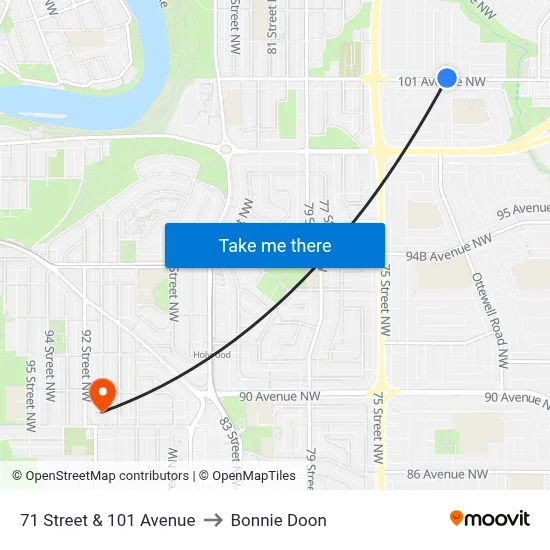 71 Street & 101 Avenue to Bonnie Doon map