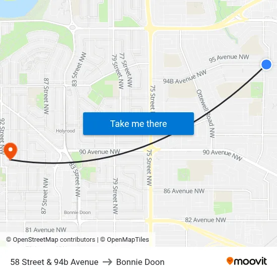 58 Street & 94b Avenue to Bonnie Doon map