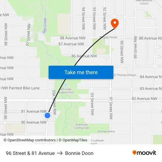 96 Street & 81 Avenue to Bonnie Doon map
