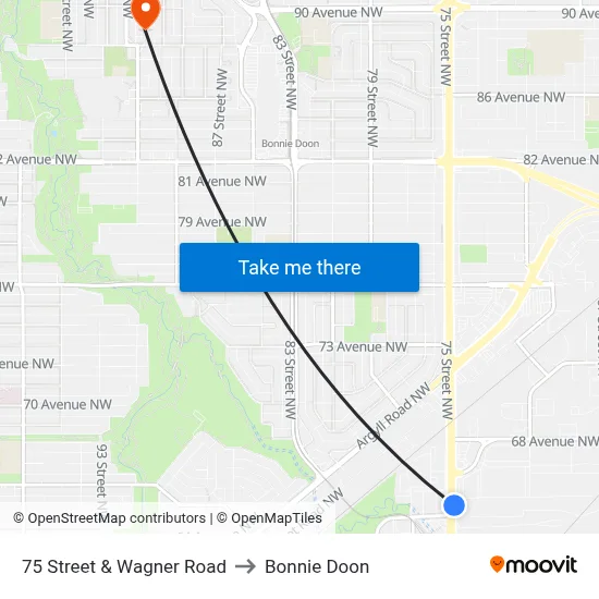 75 Street & Wagner Road to Bonnie Doon map