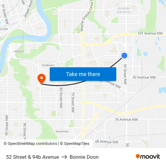 52 Street & 94b Avenue to Bonnie Doon map