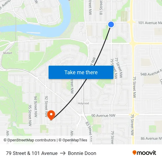 79 Street & 101 Avenue to Bonnie Doon map