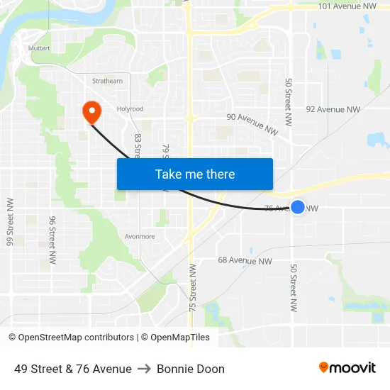 49 Street & 76 Avenue to Bonnie Doon map