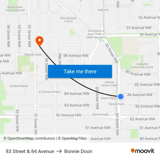 83 Street & 84 Avenue to Bonnie Doon map