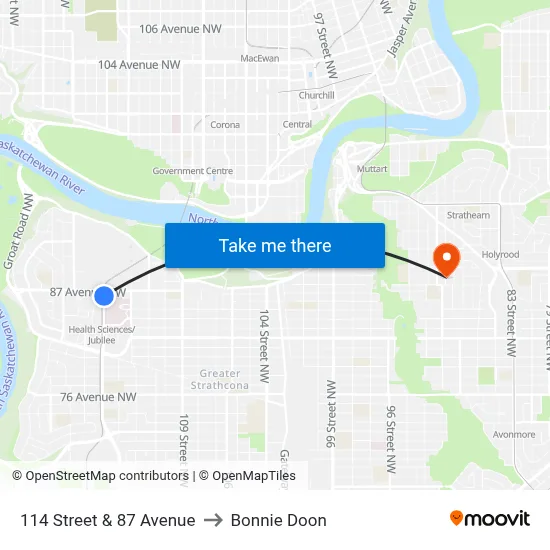 114 Street & 87 Avenue to Bonnie Doon map