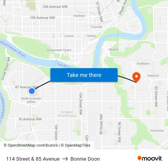 114 Street & 85 Avenue to Bonnie Doon map