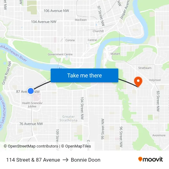 114 Street & 87 Avenue to Bonnie Doon map