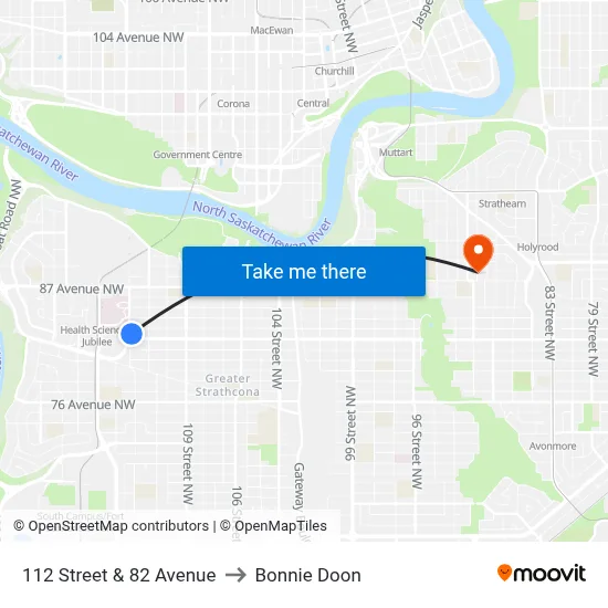 112 Street & 82 Avenue to Bonnie Doon map