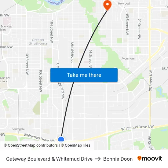 Gateway Boulevard & Whitemud Drive to Bonnie Doon map