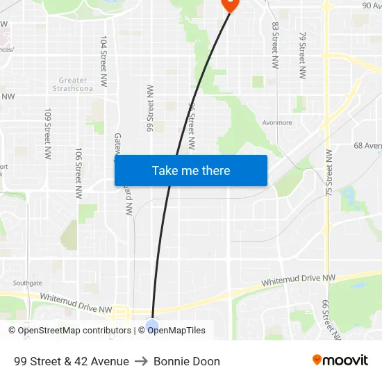 99 Street & 42 Avenue to Bonnie Doon map