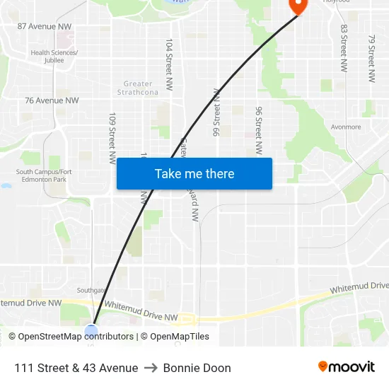 111 Street & 43 Avenue to Bonnie Doon map