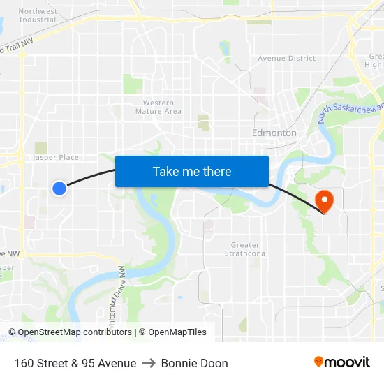 160 Street & 95 Avenue to Bonnie Doon map